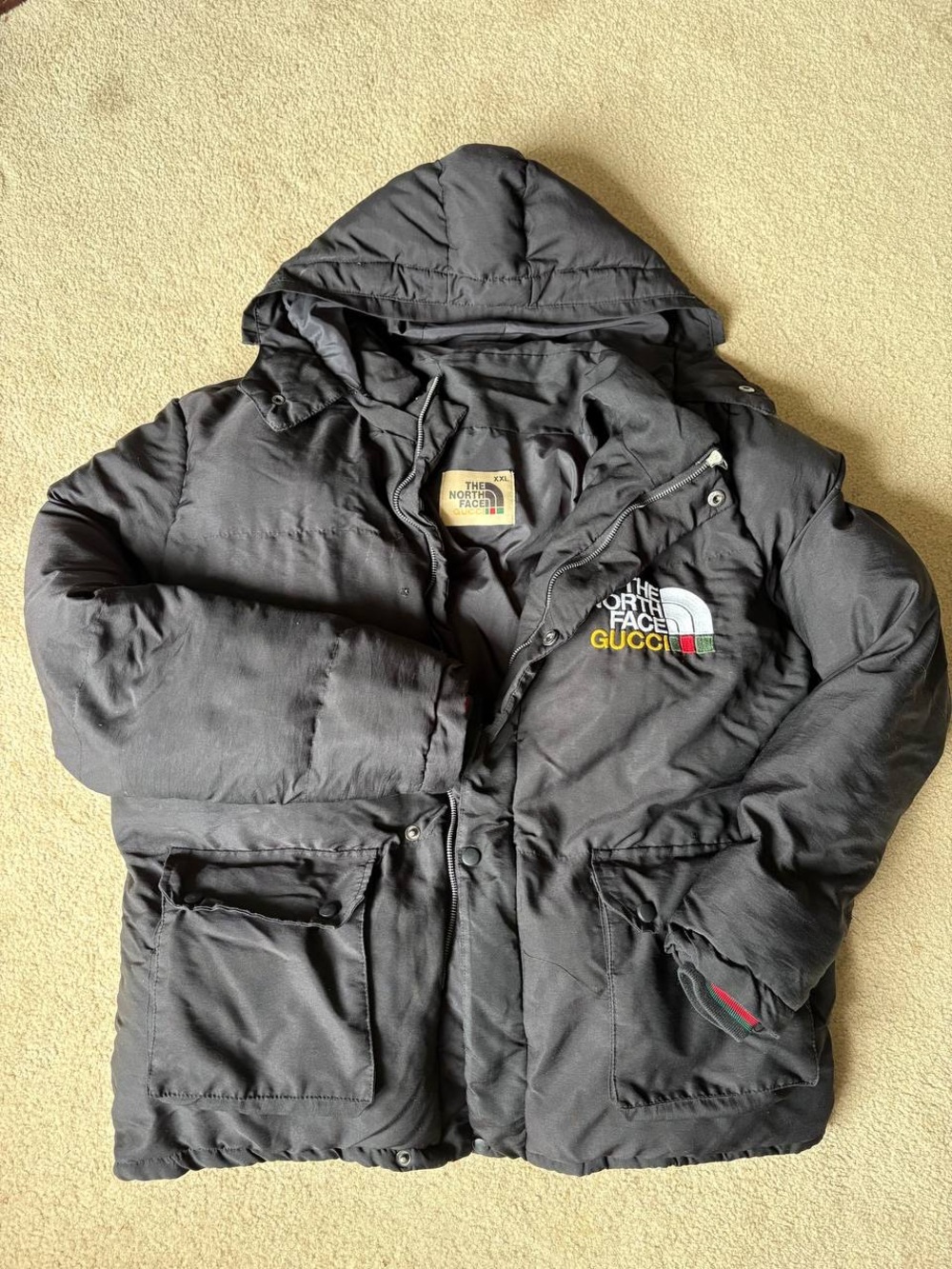 The North Face Gucci Black Puffer Jacket with Embroidered Logo REP